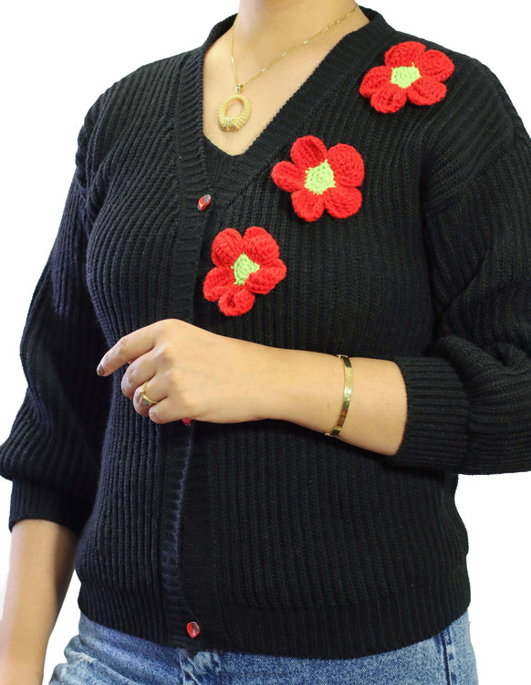 کت کشباف شقایق زنانه با گلهای بافتنی – نخ مارس ترک نرم و ضدحساسیت | پارس بانو