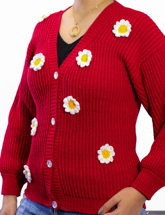 کت کشباف بابونه زنانه با گلهای بابونه بافتنی – نخ مارس ترک نرم و ضدحساسیت | پارس بانو